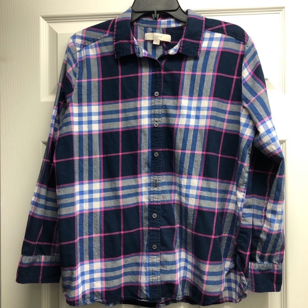 LOFT Large Navy Plaid Button-Down Shirt with Pink Stripes Women’s